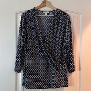 Charter Club Black and White Wrap Blouse with 3/4 Sleeves